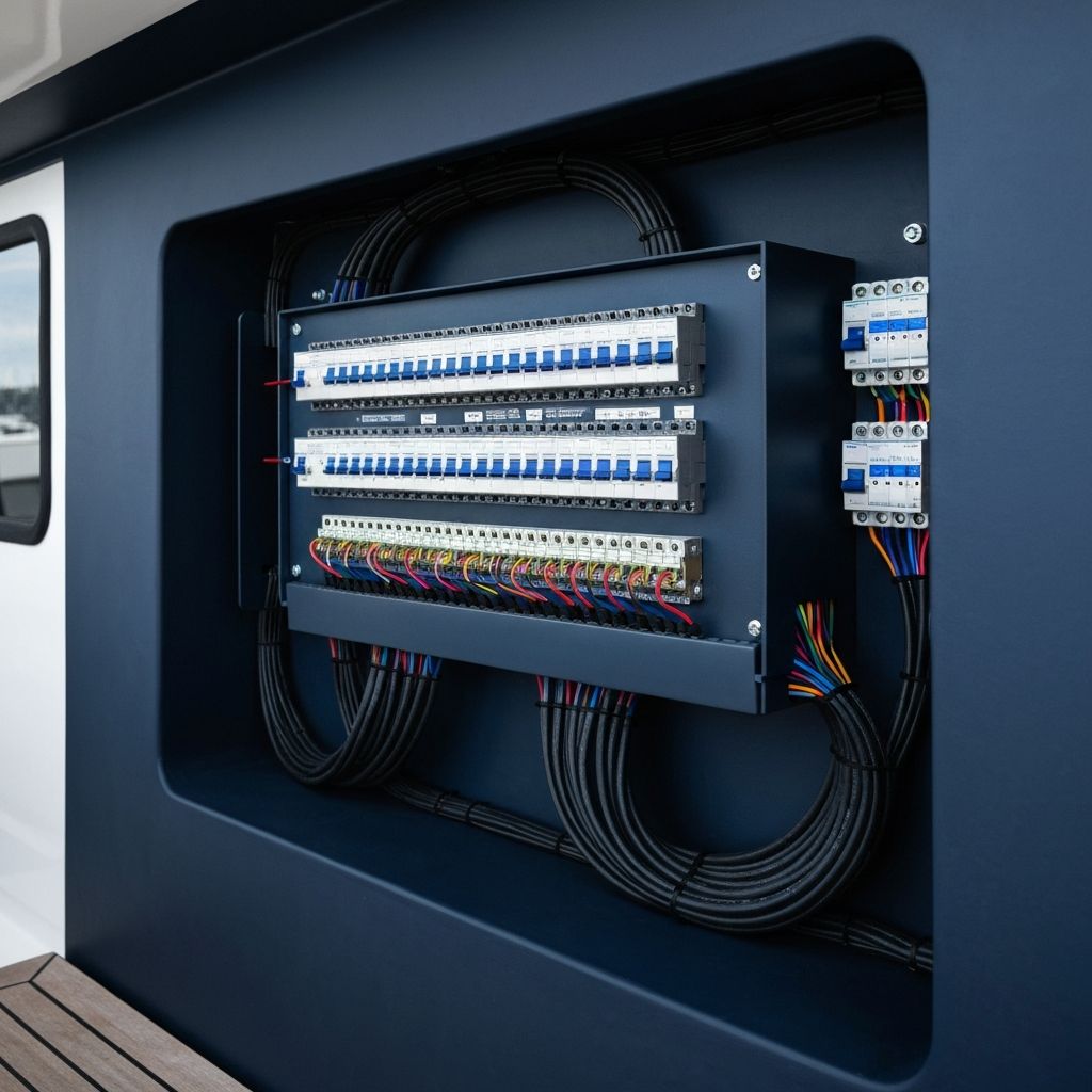 Professional marine electrical panel with circuit breakers on a vessel