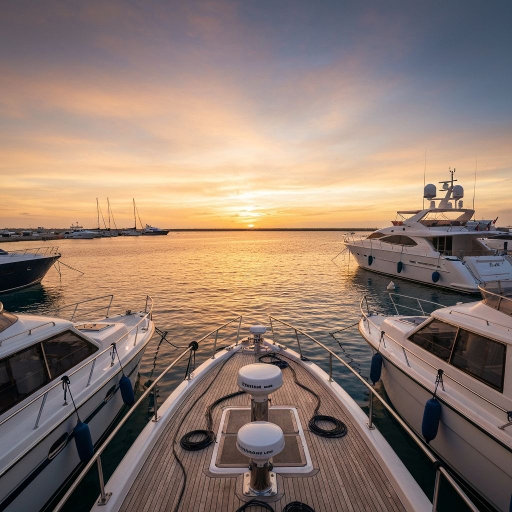 Marina with boats moored at a harbour at golden hour